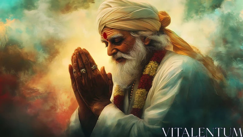 Elderly mystic in namaste pose within chromatic vapor field.