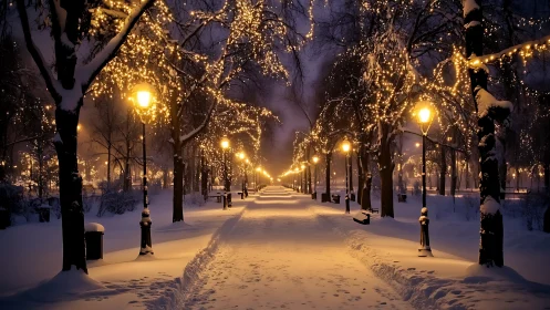 Snow-laden park promenade under golden festive lights.