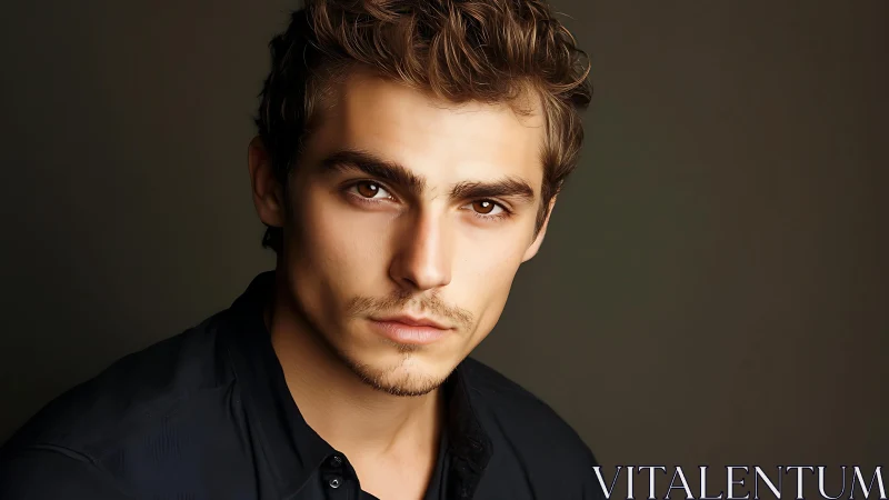 Moody studio portrait of young man in dark shirt.