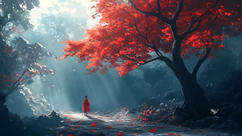 Child in red coat walks under vivid red forest canopy