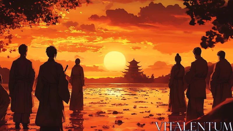 Samurai silhouettes drink molten sunset over mirrored lake