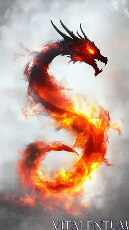 Fiery serpentine dragon silhouette emerging from smoke.