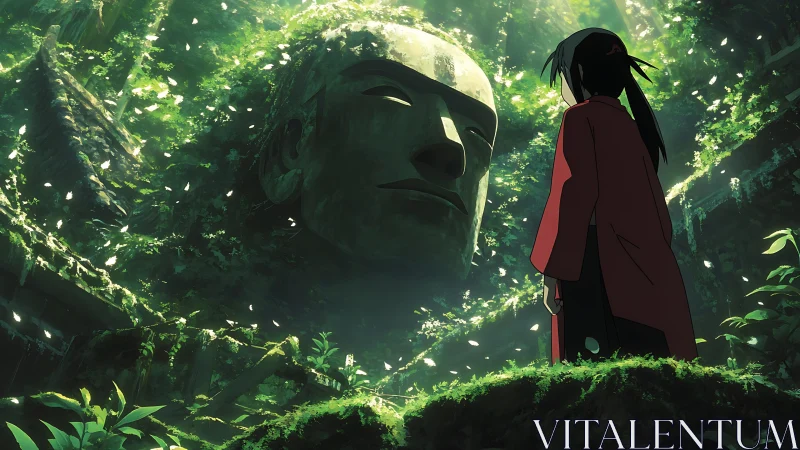 Solitary wanderer before moss-covered colossus in jungle ruin.