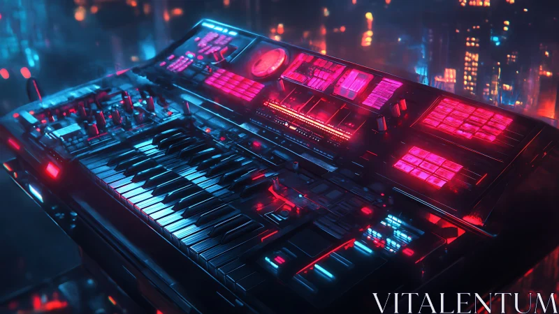 Futuristic synthesizer workstation glows in neon cityscape