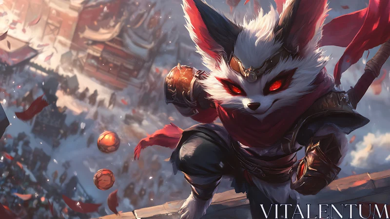 Scarlet-eyed festival fox rogue vaults above roaring streets.