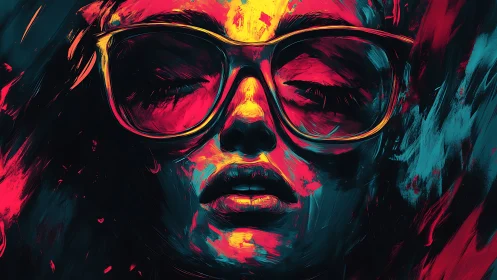 Portrait shows stylized face with glasses in high-contrast neon