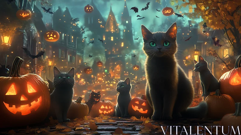 Cats' Glowing Harvest: Halloween's Emerald-Eyed Sentinels.