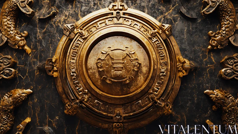 Golden circular emblem with ornate dragons and aged metal.