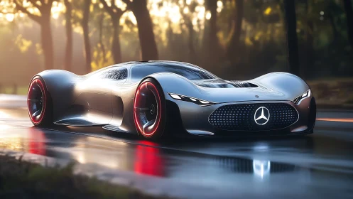 Futuristic Mercedes concept car drives on wet forest road