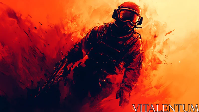 Fiery guardian walking through a storm of swirling embers.