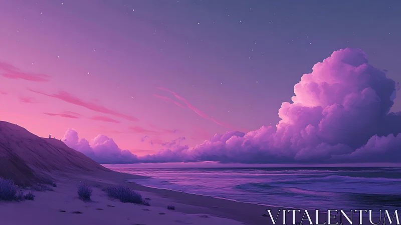 Twilight shoreline under luminous magenta cumulus clouds.