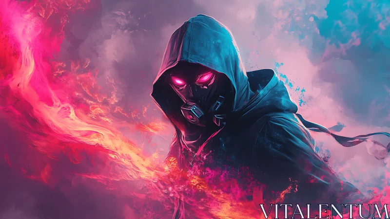Hooded cyber warrior strides amid neon firestorm clouds.