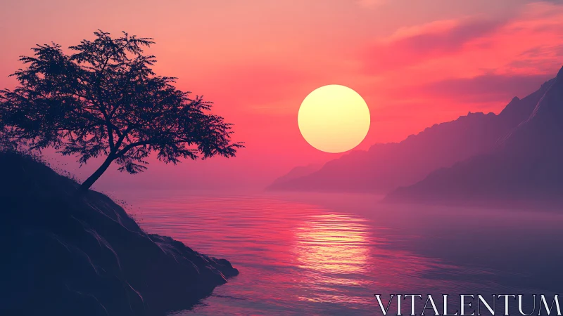 Radiant sun sets over tranquil pink sea and distant cliffs