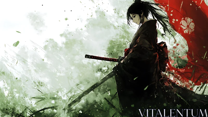 Calm samurai warrior pausing in a storm of color and memory.