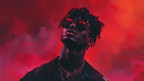 Cool confidence against a storm of bold red clouds.