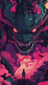 Stormlit dragon showdown over neon clouds and rooftops.