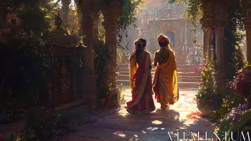 Sunlit temple colonnade with ceremonial figures in procession.