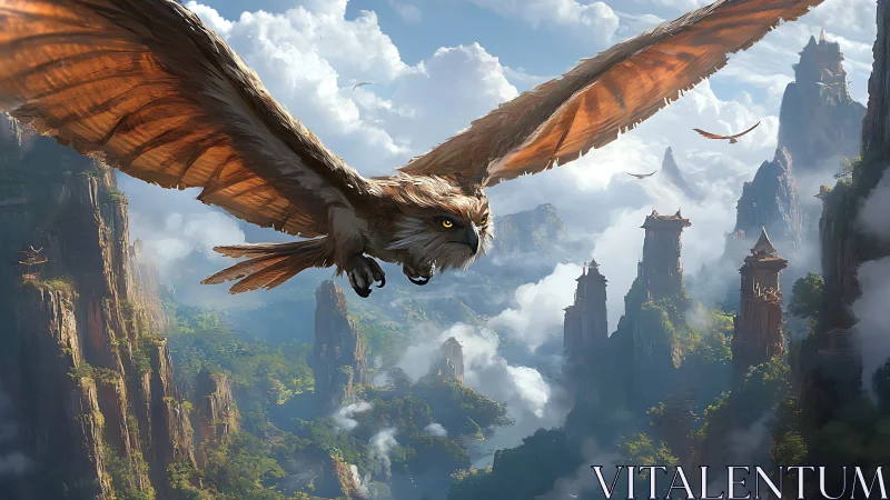Majestic giant owl soars over ancient misty mountain temples.