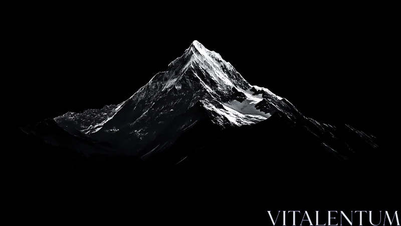 Isolated snowcapped mountain peak cuts sharply through darkness