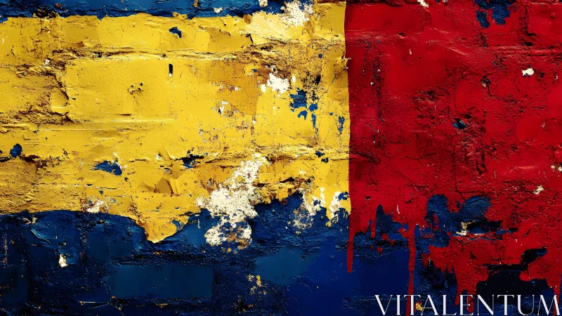 Weathered Romania flag graffiti on textured brick wall, urban art style.