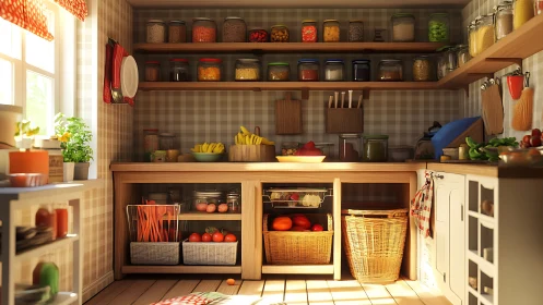 Sunlit country kitchen pantry glows with fresh produce and jars
