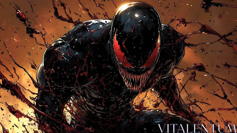 Sinister black creature lunges forward in fiery chaos.