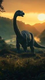 Sauropod dinosaur stands in misty valley at golden sunrise