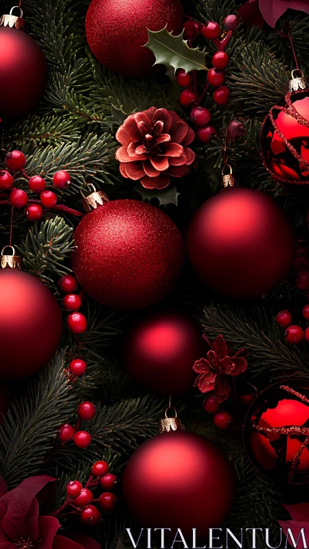Red baubles and foliage in dense Christmas arrangement.