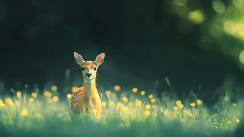 Young deer in soft-focus meadow with luminous bokeh background.