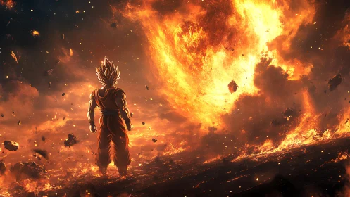 Saiyan warrior confronts colossal fiery explosion alone
