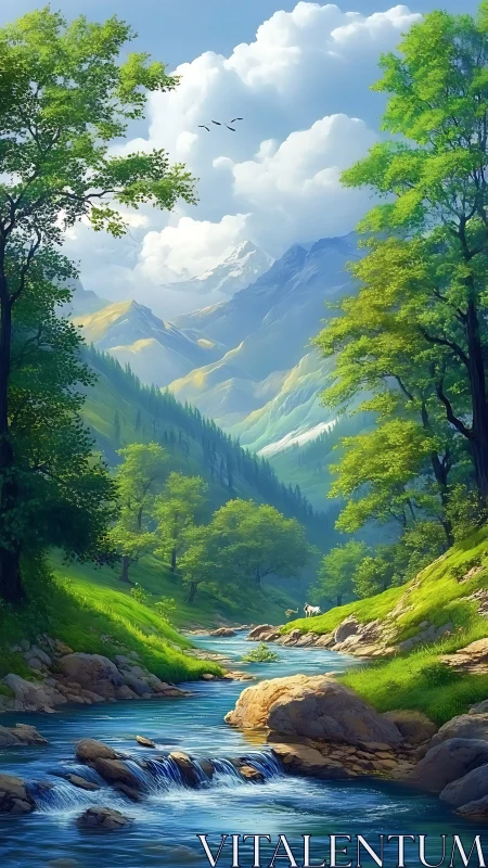 Sunlit alpine valley stream with layered mountain vistas.