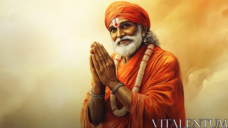 Elderly man in orange robe with folded hands against backdrop.