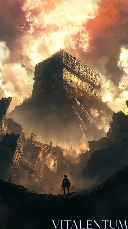 Lone warrior faces massive fortress above ruined cityscape.