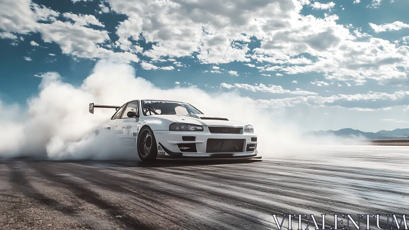 Track-prepped white drift car powerslides across sunlit asphalt