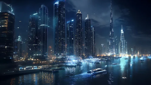 Futuristic coastal city skyline with illuminated high-rises at night.