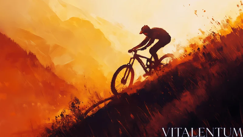 Mountain biker silhouette against fiery landscape gradient.