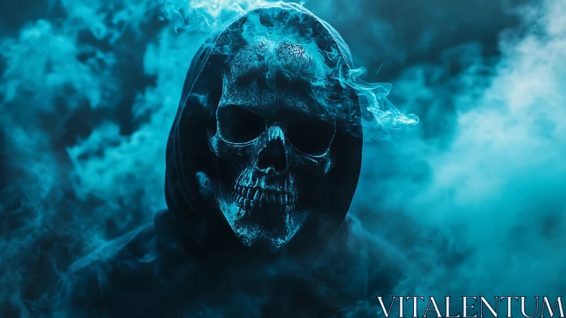 Hooded skull silhouette emerges through cyan volumetric smoke