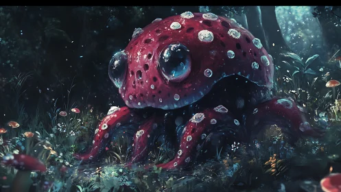 Giant mushroom-octopus creature in glowing forest clearing.