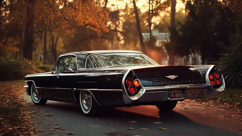 Classic black Cadillac glides through autumn suburb street at dusk