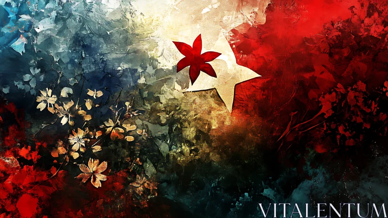 Abstract floral star glows amid vivid red and blue haze