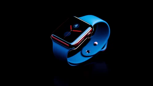 Smartwatch with blue band under dramatic neon rim light.