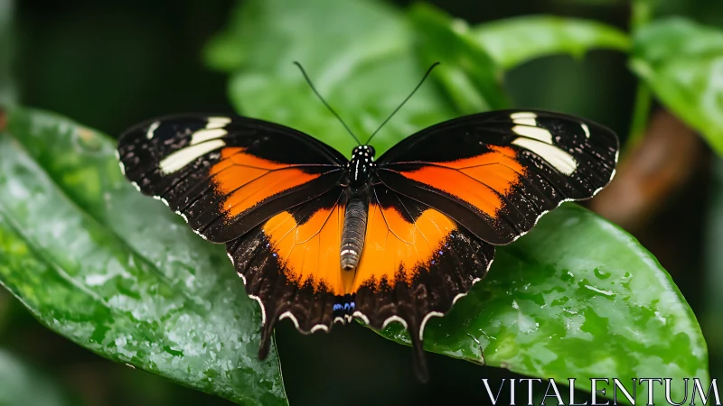 Macro study of orange-black butterfly on wet foliage surface.