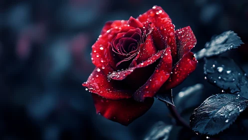 Red rose covered in water droplets with dark bokeh background