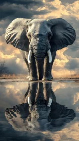 Stormlit elephant sentinel mirrored in a quiet sky pool.