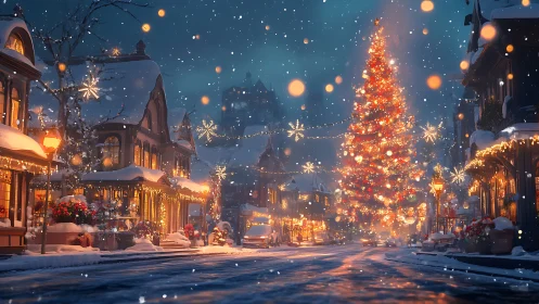 Snowy village street glows around a sparkling Christmas tree