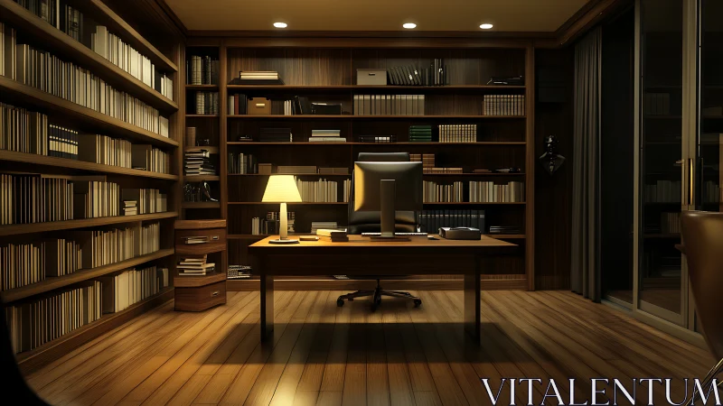 Midnight scholar&rsquo;s study glows in lamplight and quiet screens.