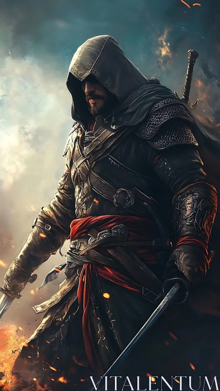Hooded warrior assassin with twin blades in stormfire sky.