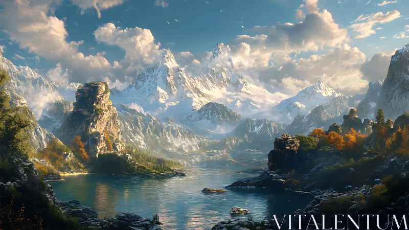 Digital painting of alpine lake with dramatic snow peaks panorama.