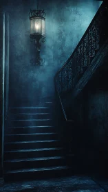 Foggy midnight staircase soaked in quiet blue mystery.