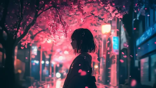 Girl under neon cherry blossoms on quiet city street.